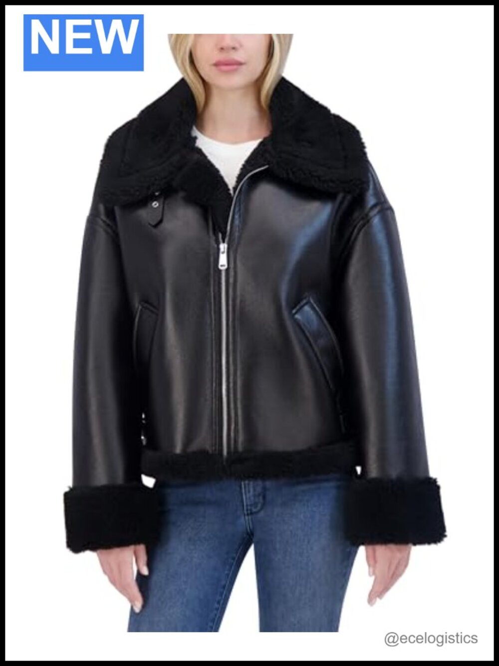 Women's Leather Jacket with Faux Shearling Trim, Long Sleeve, Zip Front